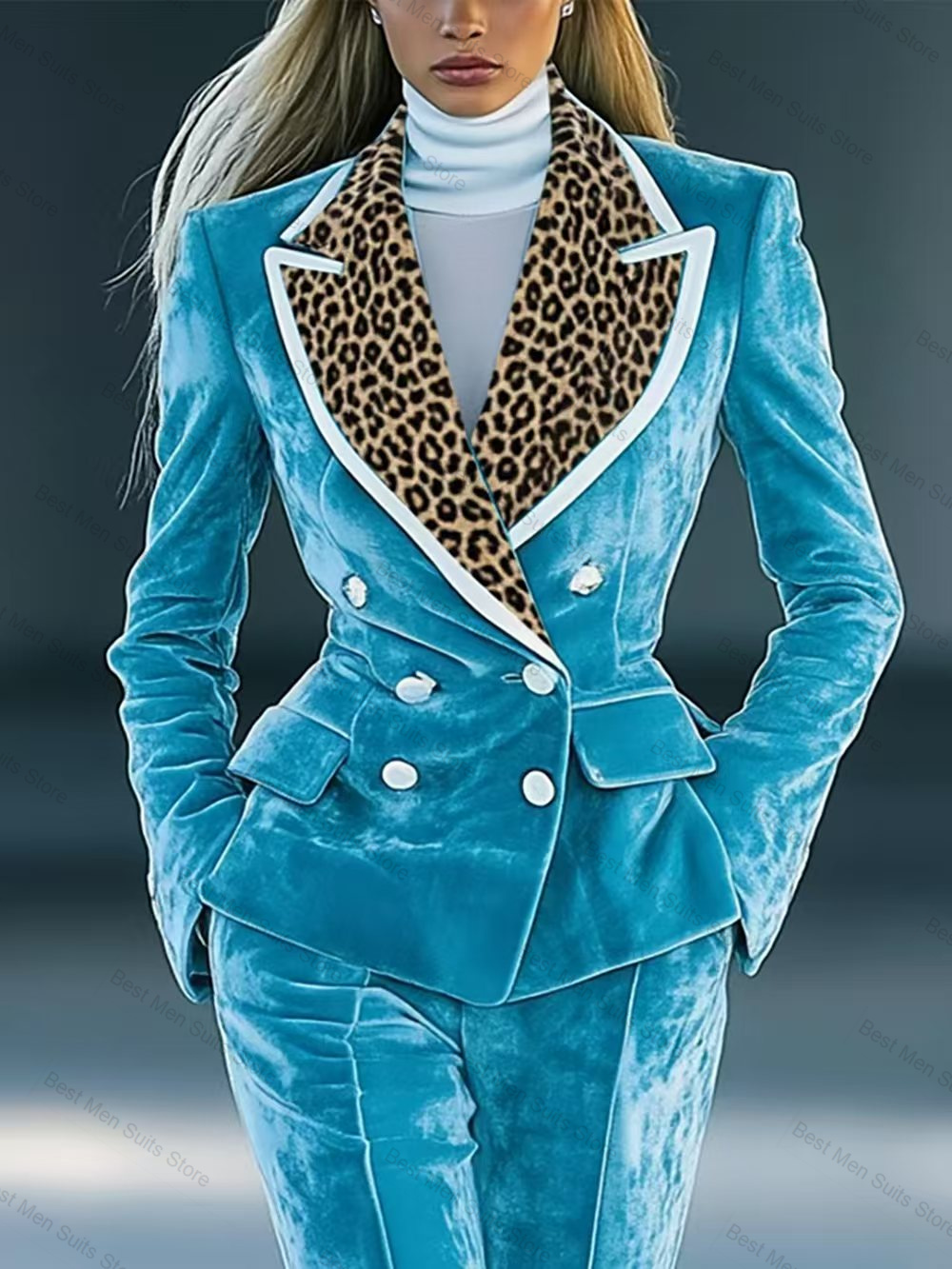 Men'S Formal Wear For Wedding Guest - Blue Velvet Women Suit Set 2