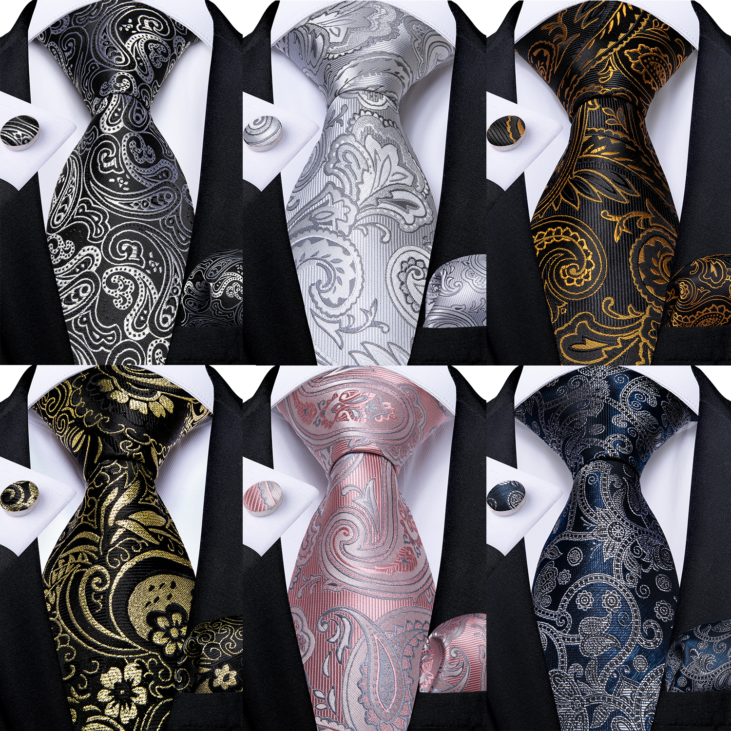 Cufflinks Silver Set - Black And Silver Paisley Floral Men's