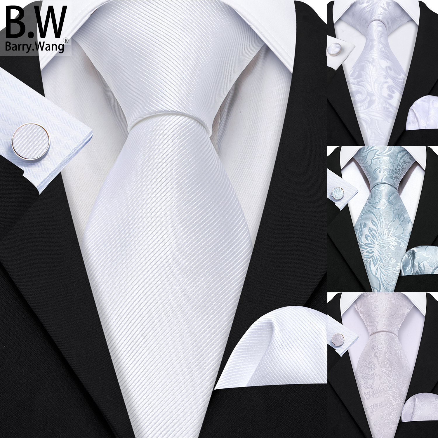 Cufflinks Silver Set - Silver White Men Tie Handkerchief Cufflinks