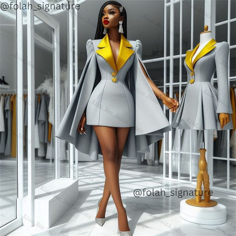 Men'S Formal Wear For Wedding Guest - Grey Yellow Women Suit Skirt 1